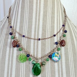 Vintage Robert Rose Asian Jade Cloisonne Pewter Necklace